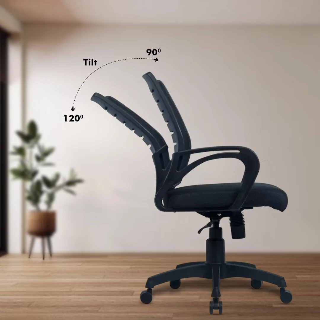 Boom Net Black Workstation Chair with Center Tilting Mechanism, Hydraulic Height Adjustment, and Heavy Duty Wheels, Black Mesh Seat - Image 4