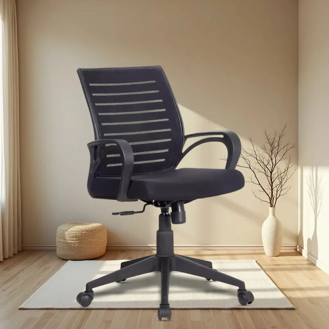 Boom Net Black Workstation Chair with Center Tilting Mechanism, Hydraulic Height Adjustment, and Heavy Duty Wheels, Black Mesh Seat