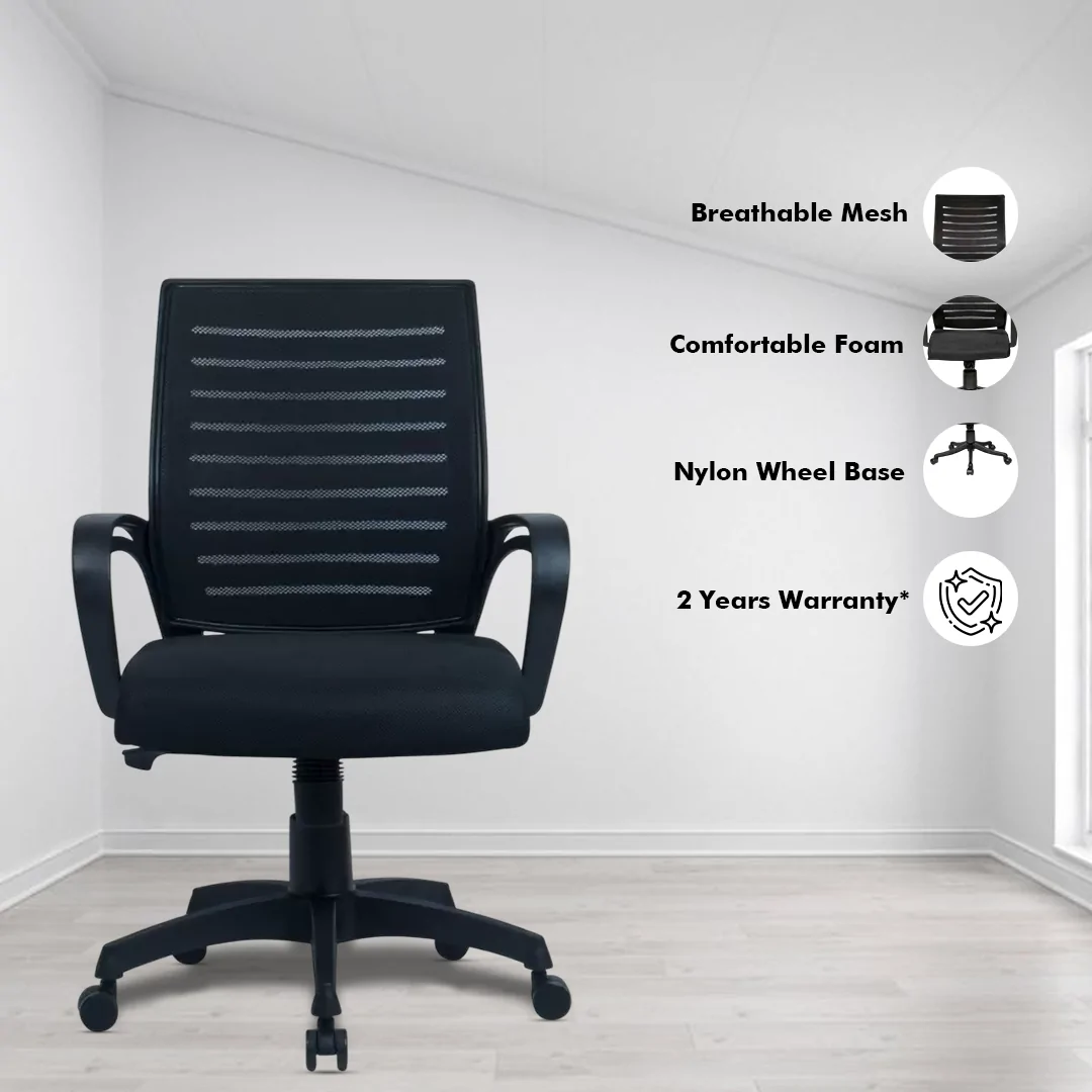 Boom Net Black Workstation Chair with Center Tilting Mechanism, Hydraulic Height Adjustment, and Heavy Duty Wheels, Black Mesh Seat - Image 2