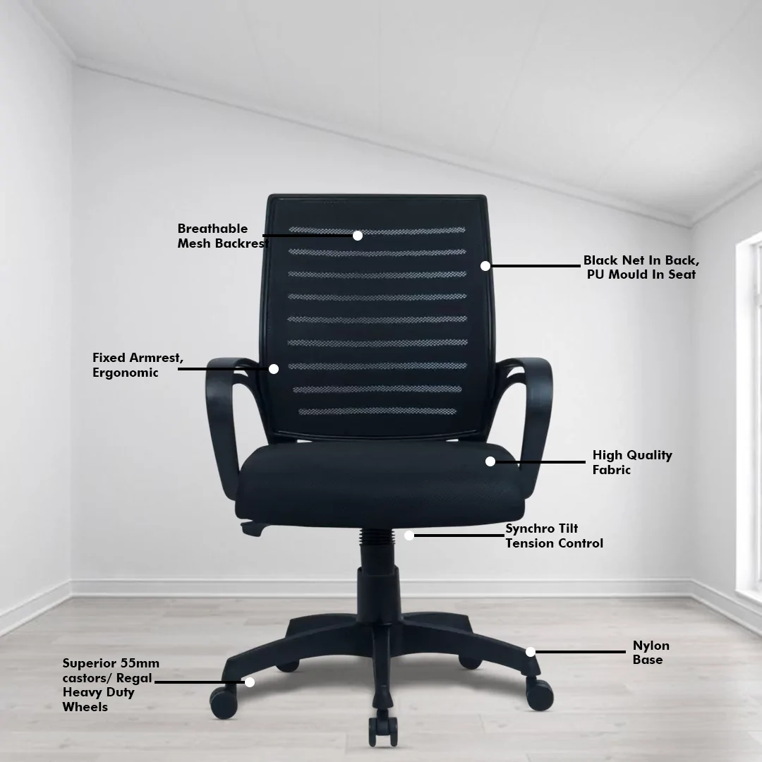 Boom Net Black Workstation Chair with Center Tilting Mechanism, Hydraulic Height Adjustment, and Heavy Duty Wheels, Black Mesh Seat - Image 3