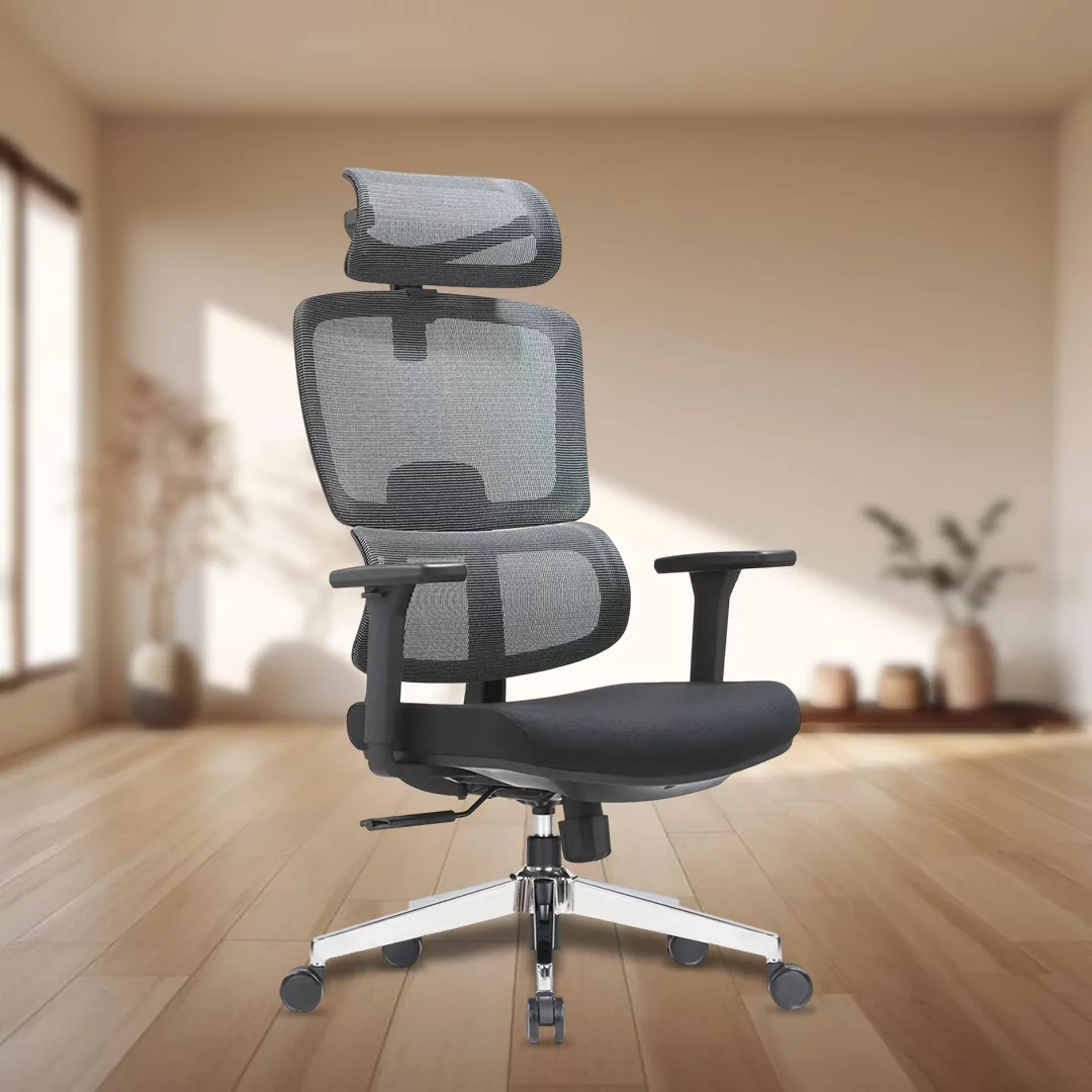 Bravo High Back Executive Chair with Adjustable Headrest, 3D Adjustable Armrests, Nylon Black Mesh Backrest, Smart Fit Lumbar Support, PU Moulded Cushion Seat with Cover, Any-Stage Locking Mechanism, Aluminium Base, and 60mm PU Castors.